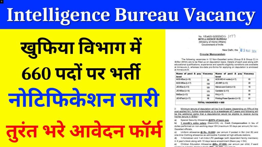 Intelligence Bureau Vacancy:‌ खुफिया विभाग भर्ती का 660 पदों पर भर्ती नोटिफिकेशन जारी